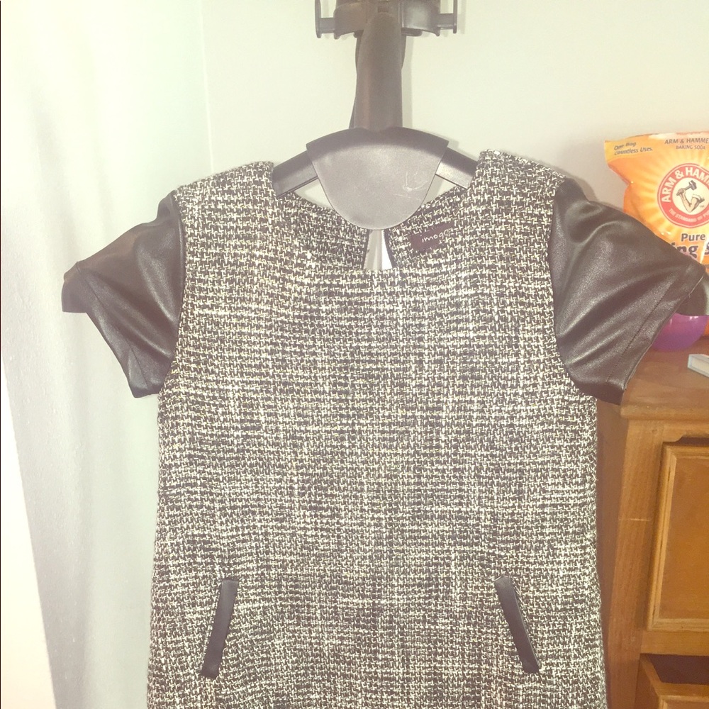 Tweed dress pleather sleeves and pockets.