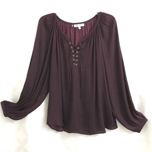 Jennifer Lopez Tops - Burgundy Lace-Up Peasant Top