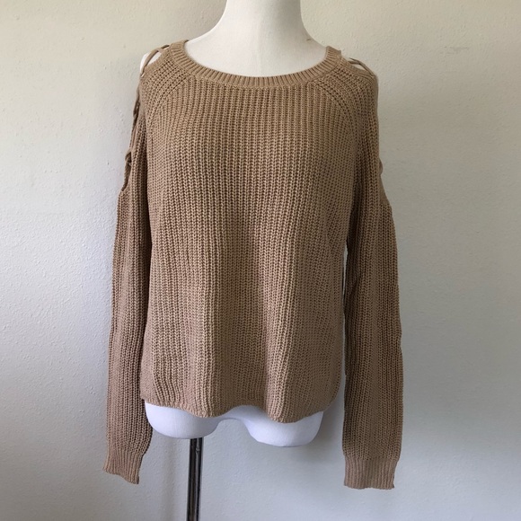 Tan Knit Lace Up Shoulder Sweater - Picture 3 of 5