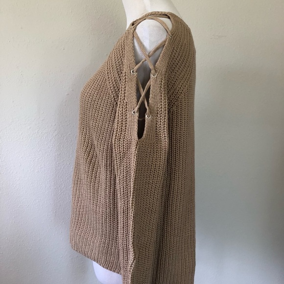 Tan Knit Lace Up Shoulder Sweater - Picture 4 of 5
