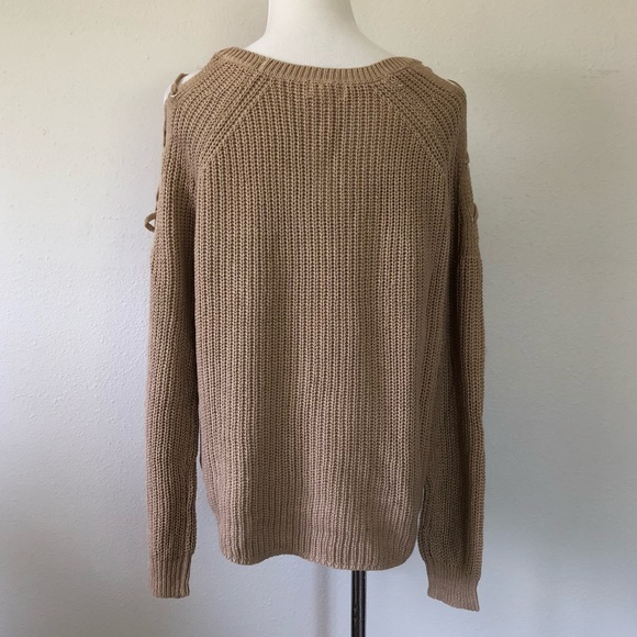 Tan Knit Lace Up Shoulder Sweater - Picture 5 of 5
