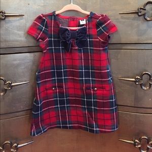 Plaid holiday dress with blue velvet bow