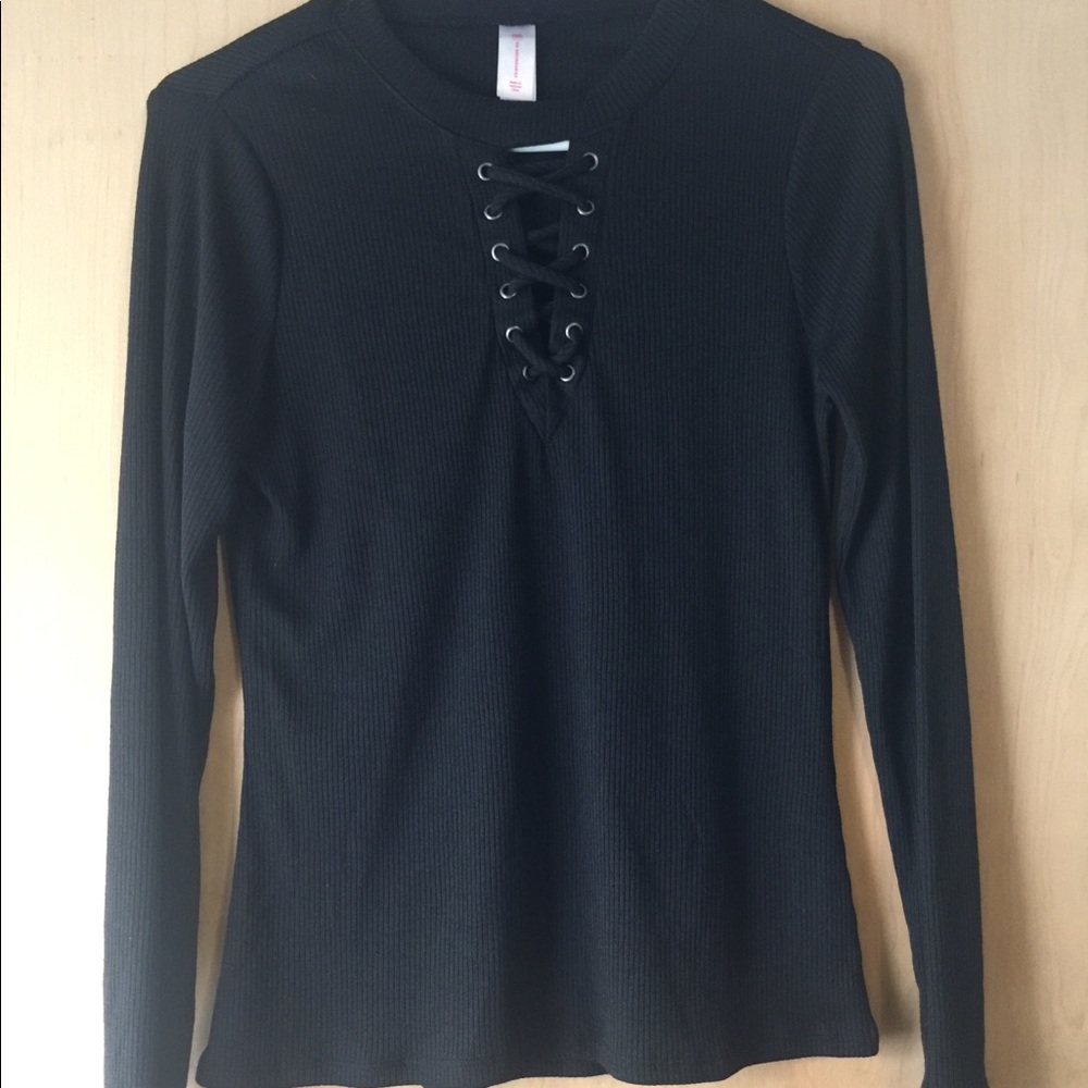 Black lace up long sleeve top