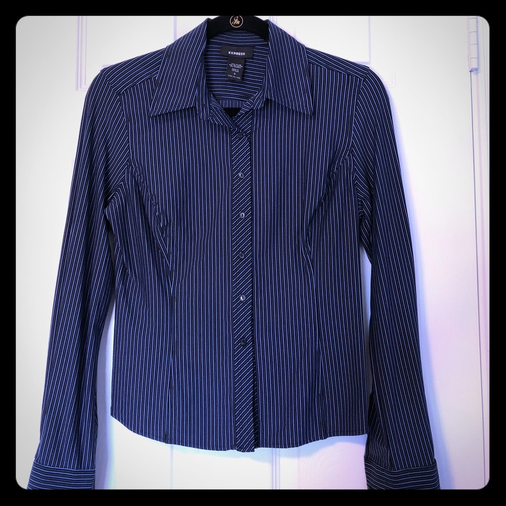 Stretch pinstriped button down shirt.