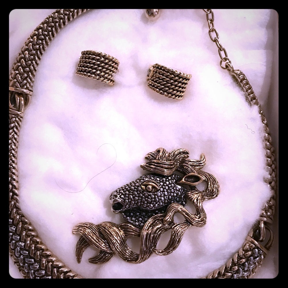 Silver and gold choker, earrings and pin