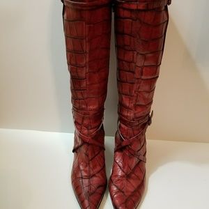 DKNY Red Leather Croc Print Boots👢