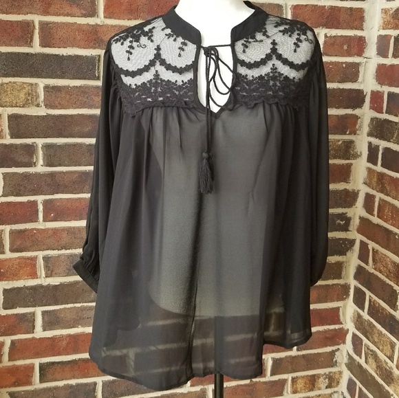 Olivia Sheer Black Dolman Blouse Lace Yoke - Picture 6 of 8