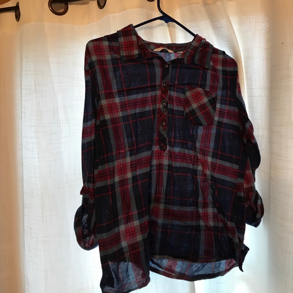 blue and purple flannel shirt