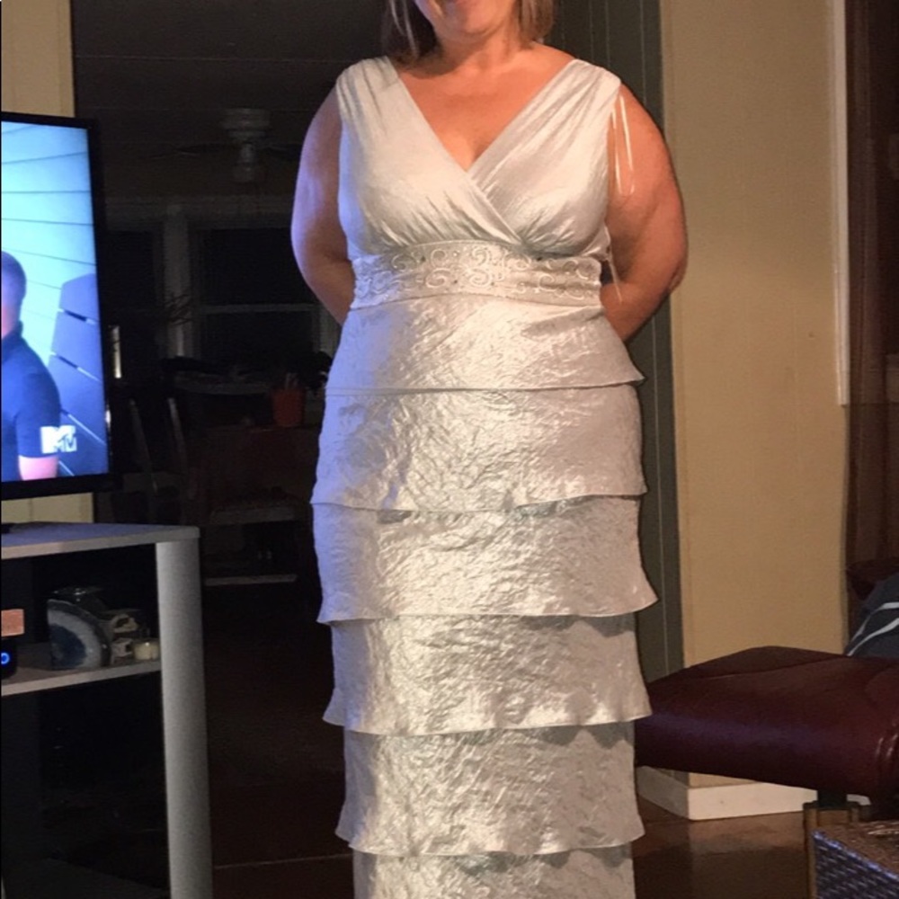 Size 14 dress, R & M Richards, color is silver.
