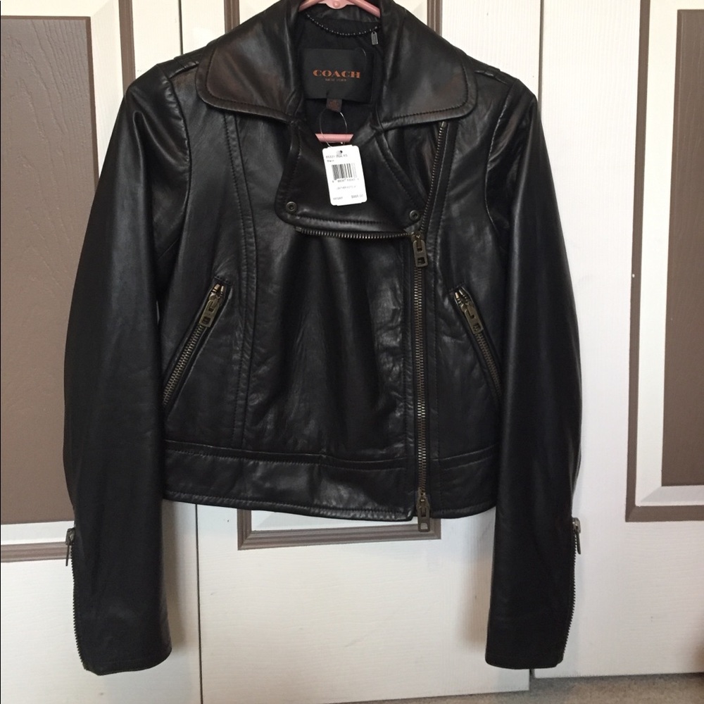 Nwt coach black leather moto jacket XS