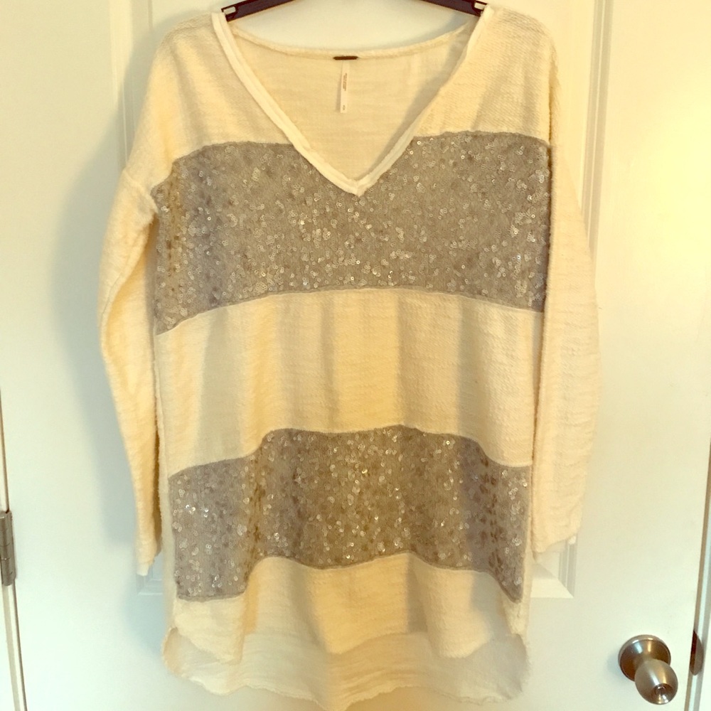Free People Cream and Silver Thin Sweater