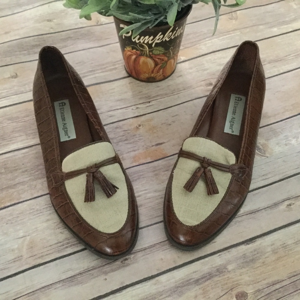 Etienne Aigner Brown Croc Loafers Tassles Flats 8