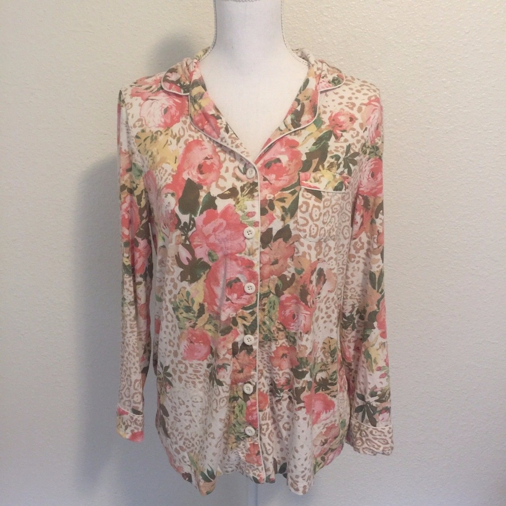 Soma Floral & Cheetah Print Pajama Top Size M