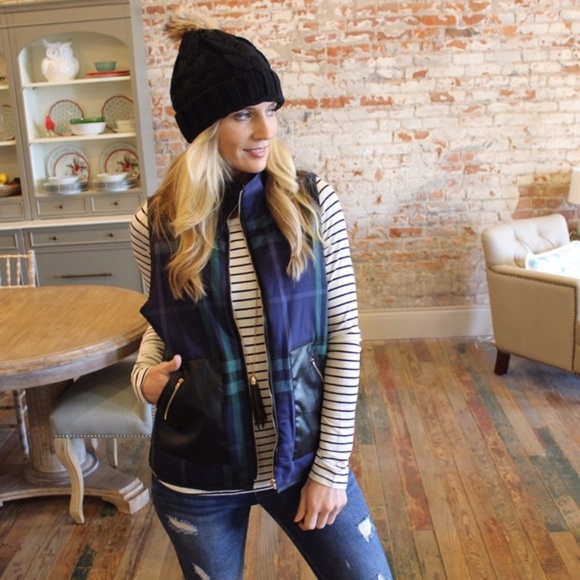 LAST ONE! Navy & Green Plaid Vest w/vegan leather - Picture 2 of 2