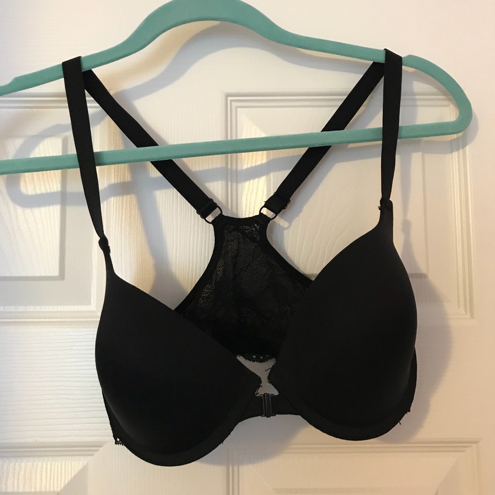 Black front clasp bra.