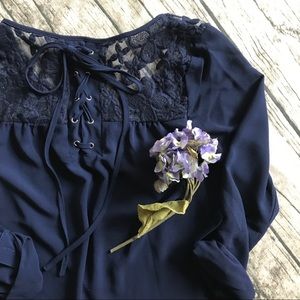mine Navy Lace-up Crochet Panel Blouse mine Navy Lace-up Crochet Panel Blouse