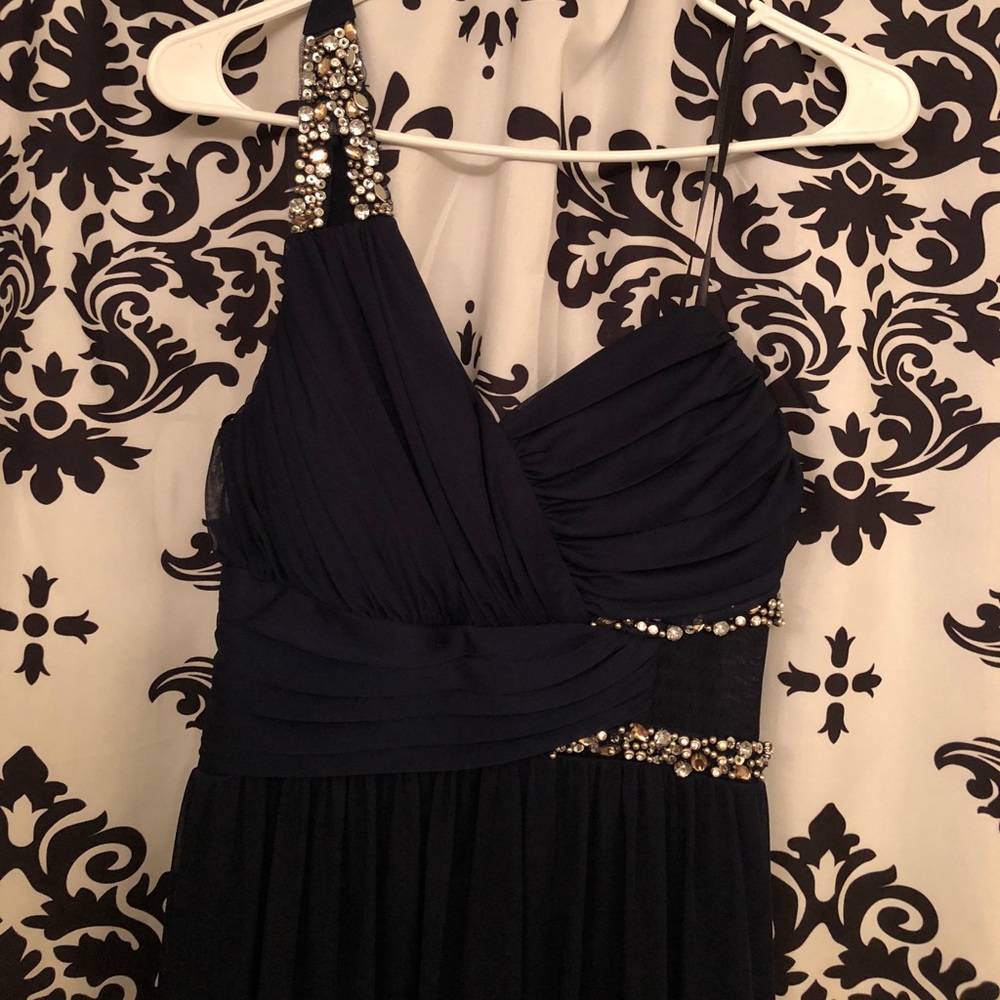 Embellished navy blue floor length dress