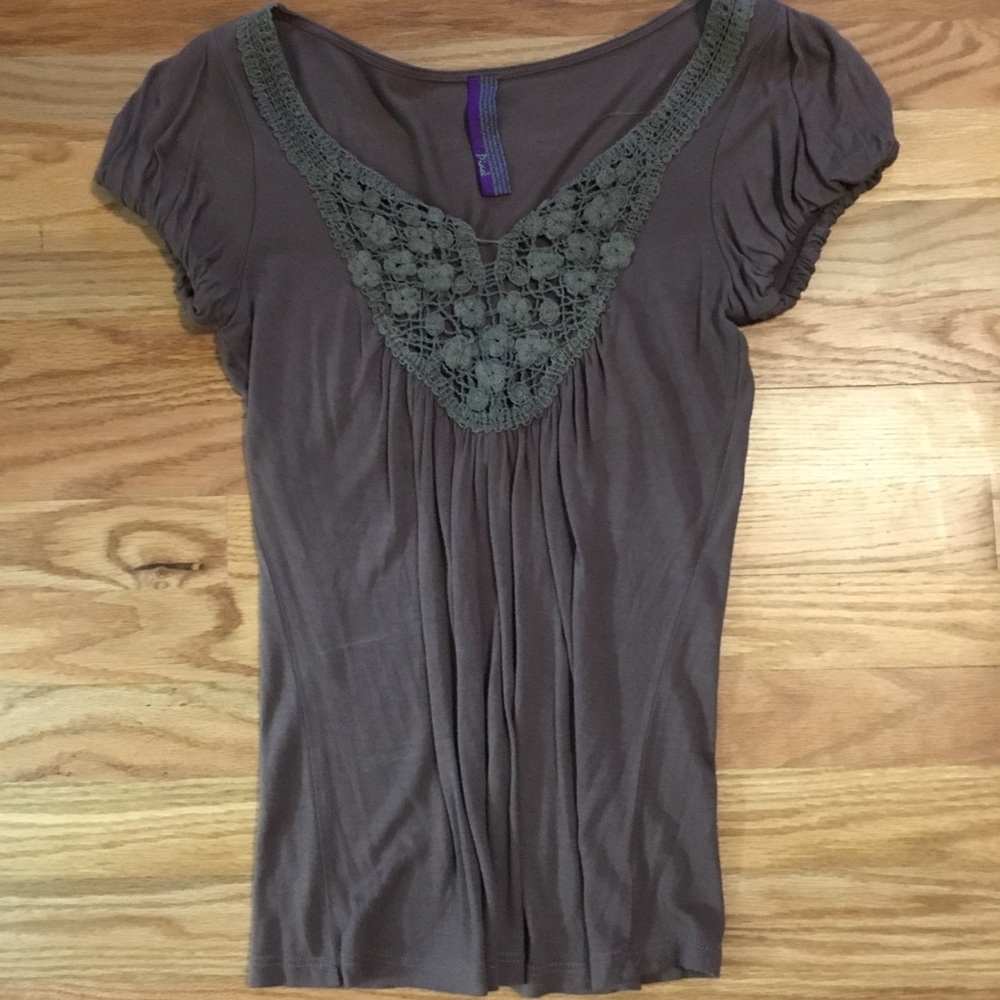 Brown top with crocheted detail