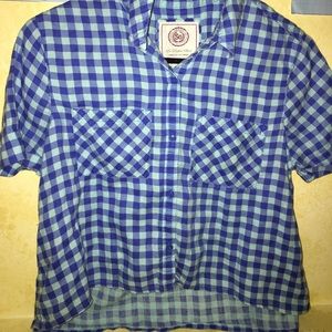 Plaid, blue cropped button down shirt.