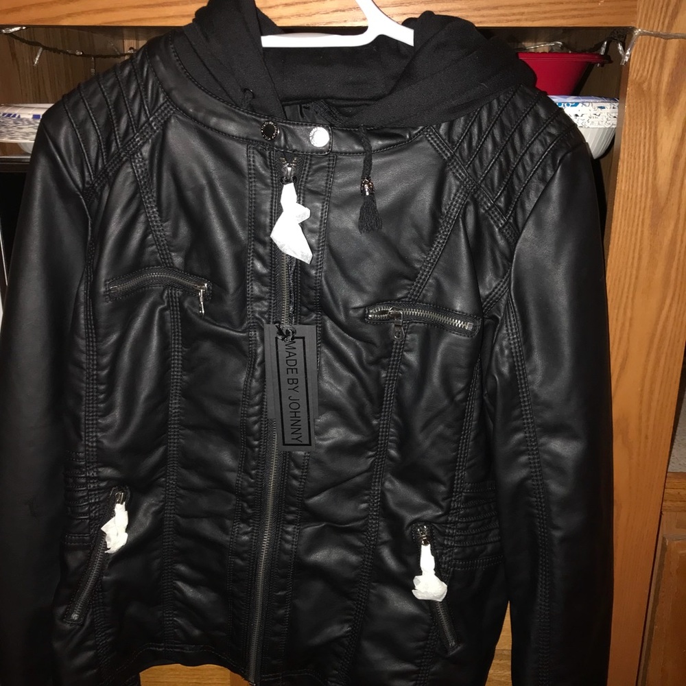 Leather hooded jacket