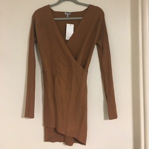 Deep V Camel Bodycon Sweater Dress