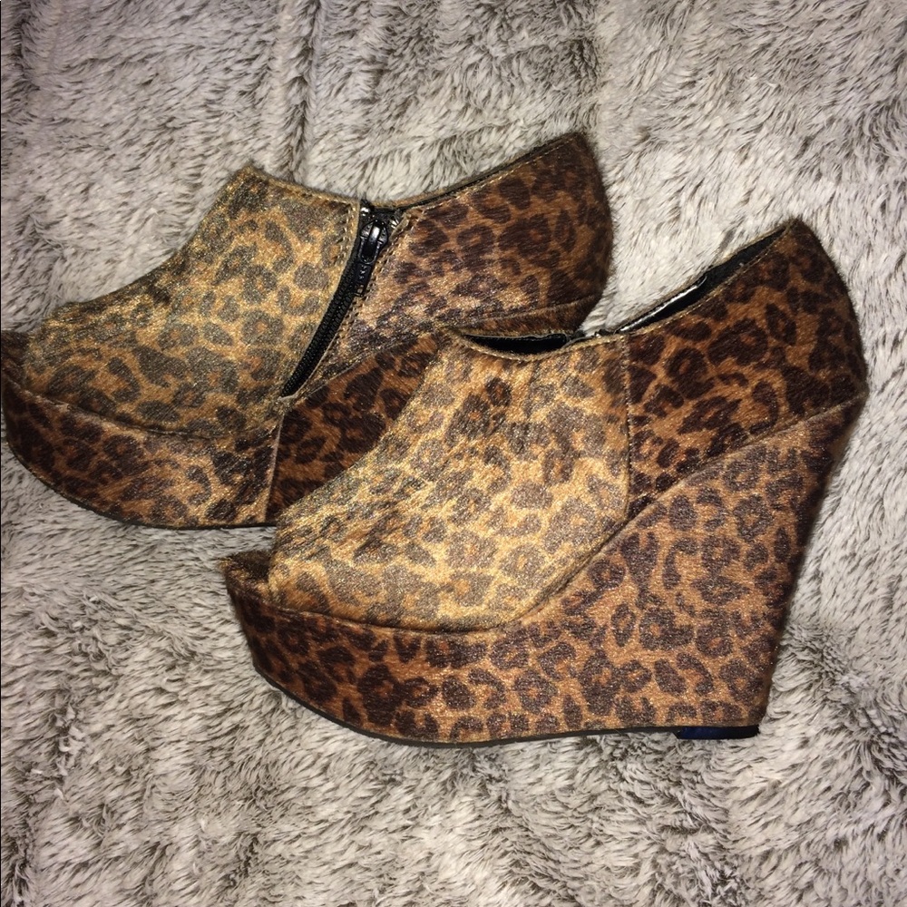 Candies Faux Leopard Hair Wedge Peep Toe Heels