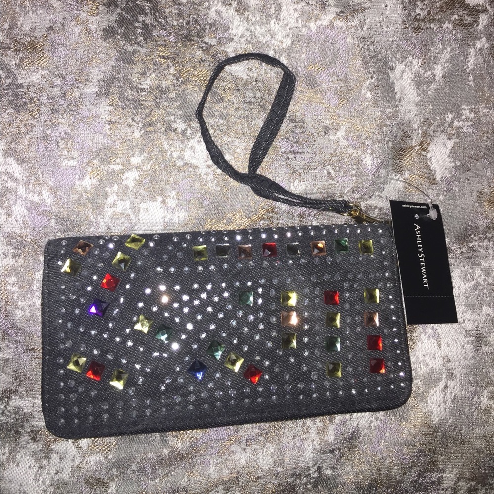 Black Jean Embellished Jeweled Wristlet Wallet