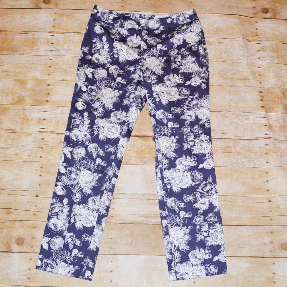 BROOKS BROTHERS Blue & White Etched Floral Print Natalie Ankle Trouser Pants NWT