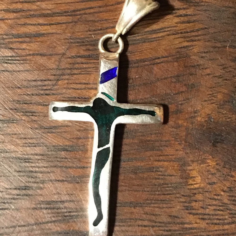 Silver cross with onyx, lapis and malachite
