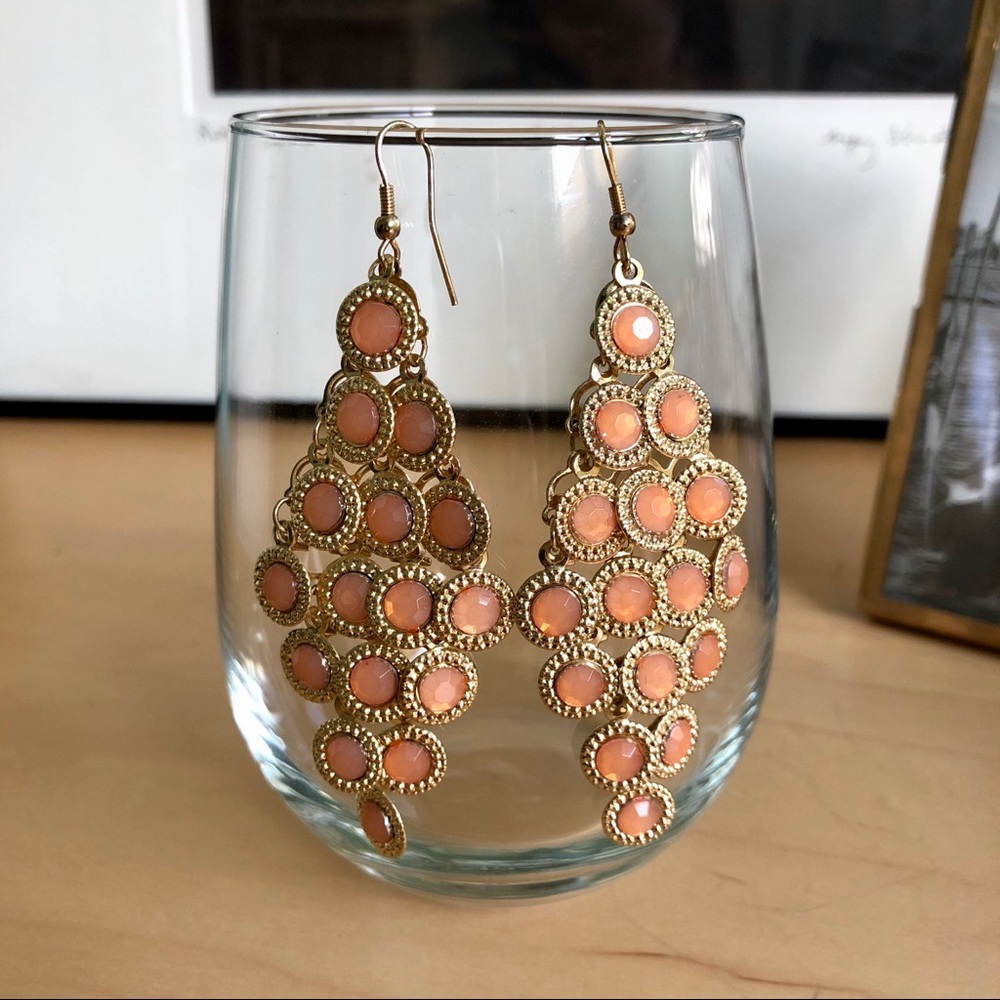 Gold tone & peach stones chandelier earrings