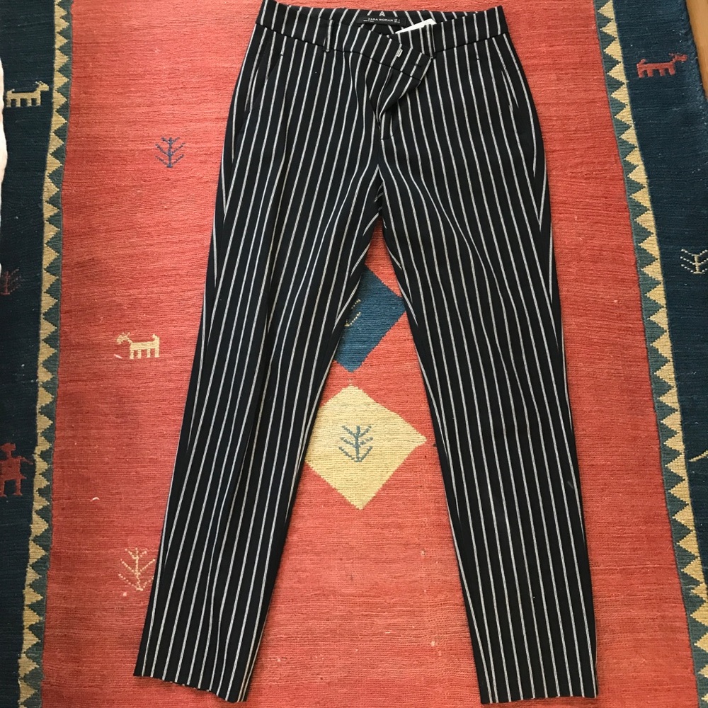 Zara stripe pants hit the ankle.