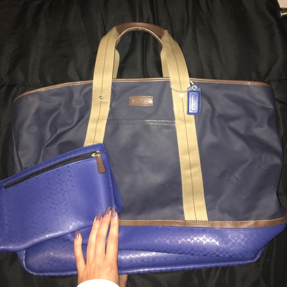 Coach navy blue, brown leather weekender bag