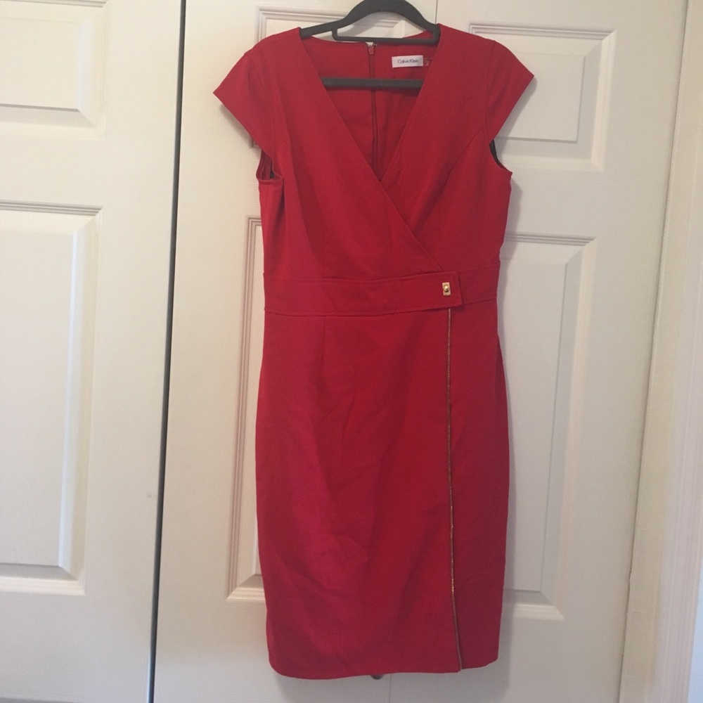 Red Calvin Klein V-neck fitted dress w/ gold zip
