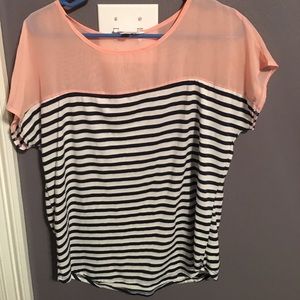 Pink white navy striped shirt