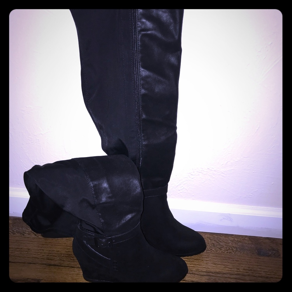 Black over the knee wedge boots