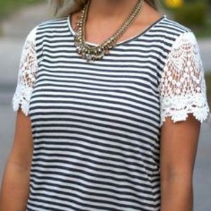 striped top with lace sleeves