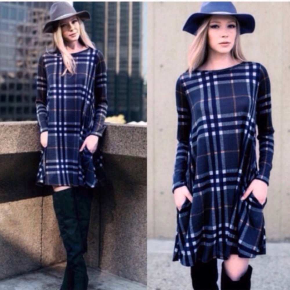 ❤️LAST-S❤️ Olive Checked Plaid Swing Fall Dress - Picture 2 of 4