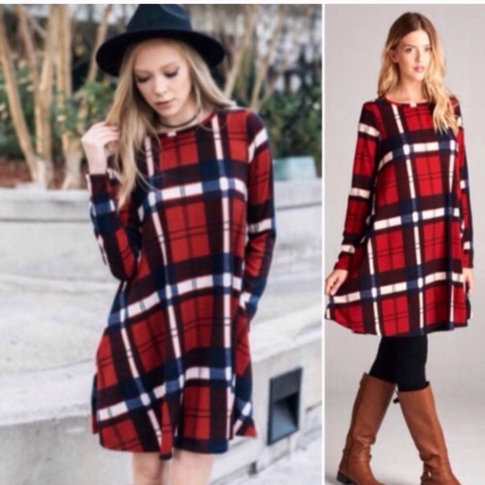 ❤️LAST-S❤️ Olive Checked Plaid Swing Fall Dress - Picture 3 of 4