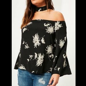 Plus Size Black Floral Choker Neck Bardot Blouse