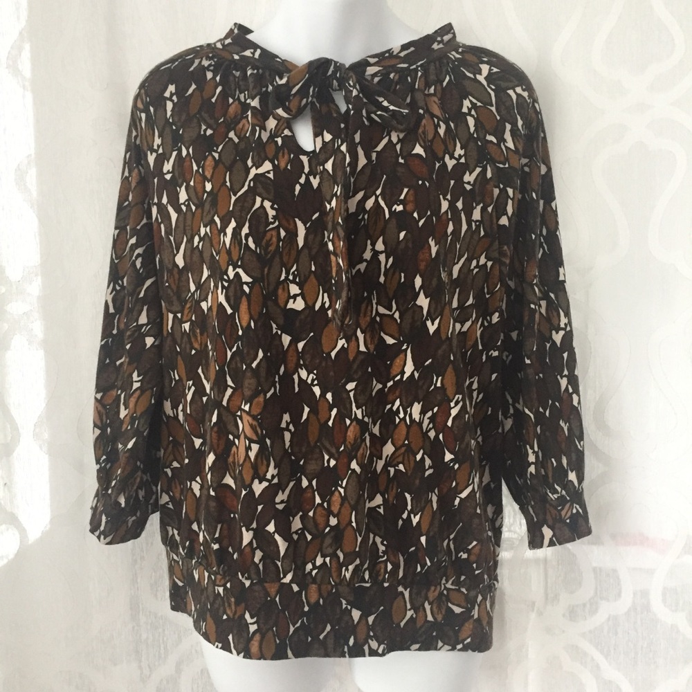Banana Republic Fall Leaf Print Tie Neck Top