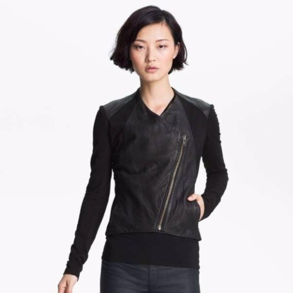 Black leather Helmut Lang jacket w/ jersey panels - Picture 2 of 6