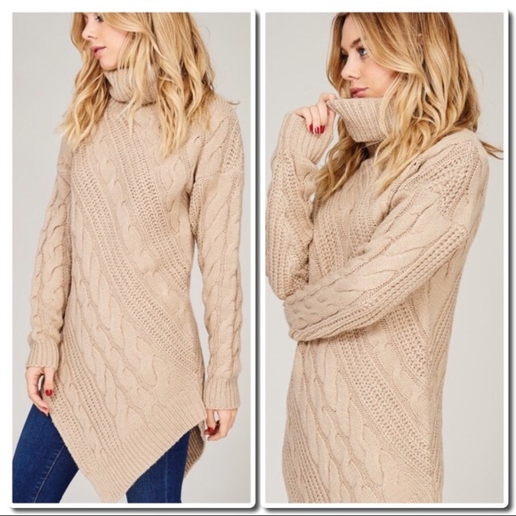 Knit Crochet Turtle Neck Sweater Taupe - Picture 2 of 8