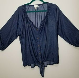 Denim like Shirt with a Tie Bottom Detail