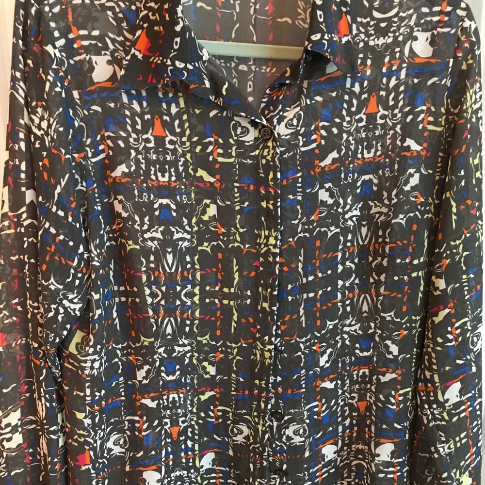 Cabi LS Blouse navy with mixed colors.