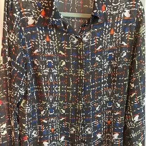 Cabi LS Blouse navy with mixed colors.