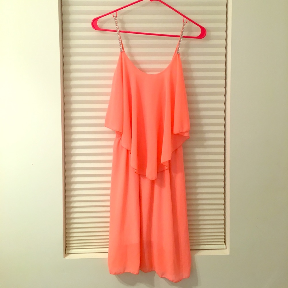Peach pink flowy dress with bejeweled straps