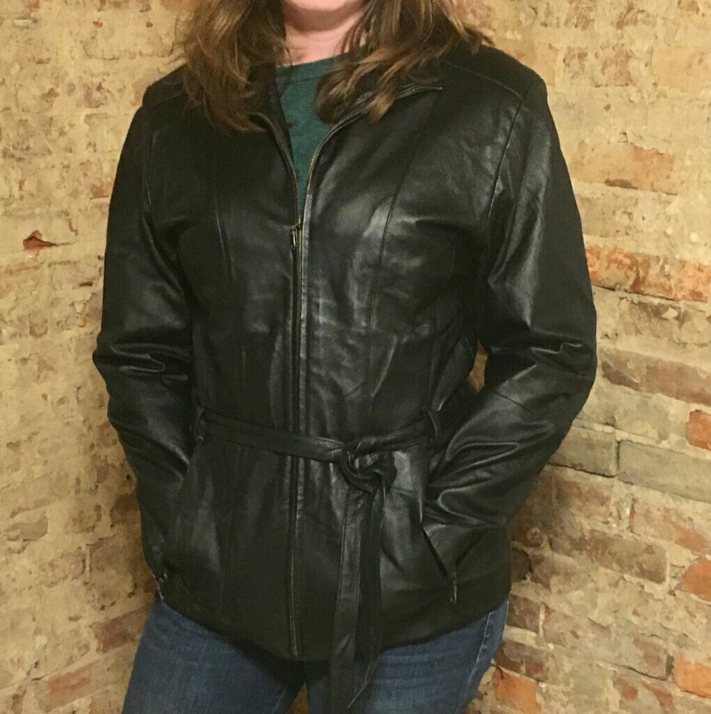 Kc Collection Longer Belted Leather Jacket
