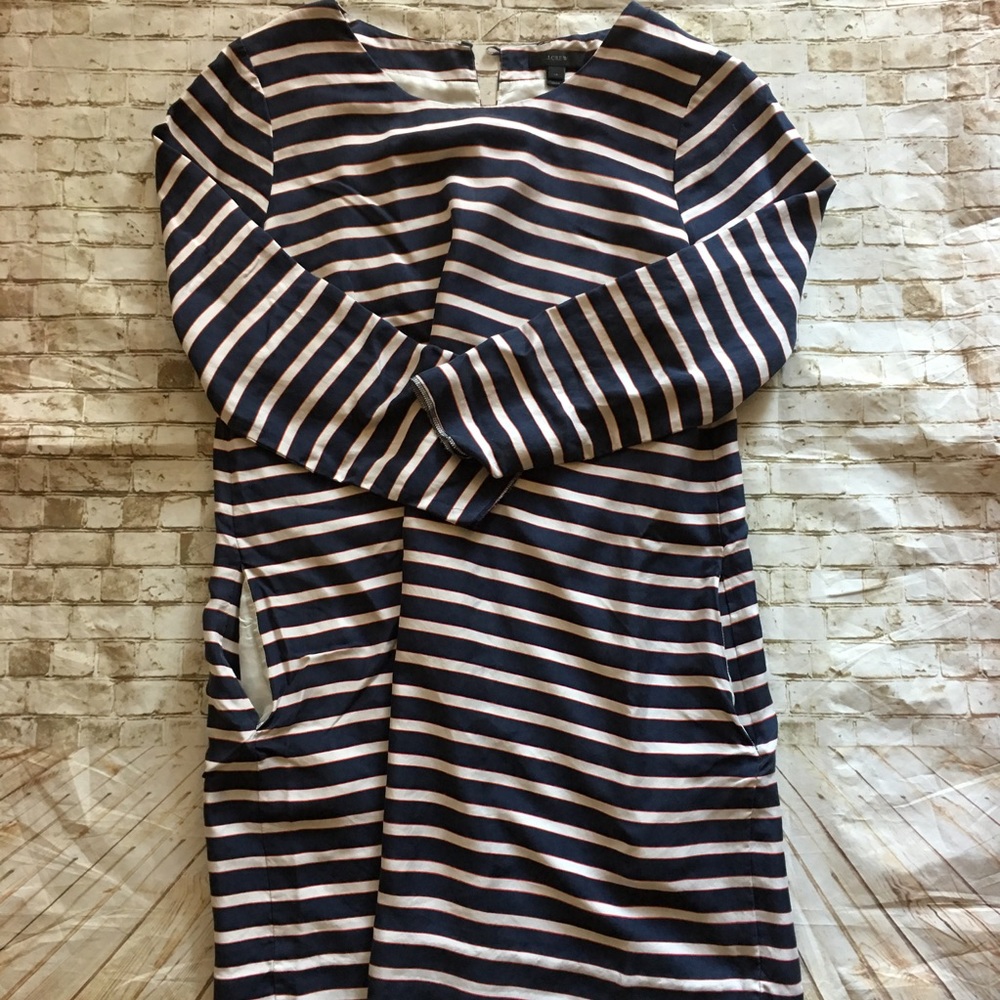 J. CREW BLUE STRIPED LONG SLEEVE SILK SHIFT SZ:10