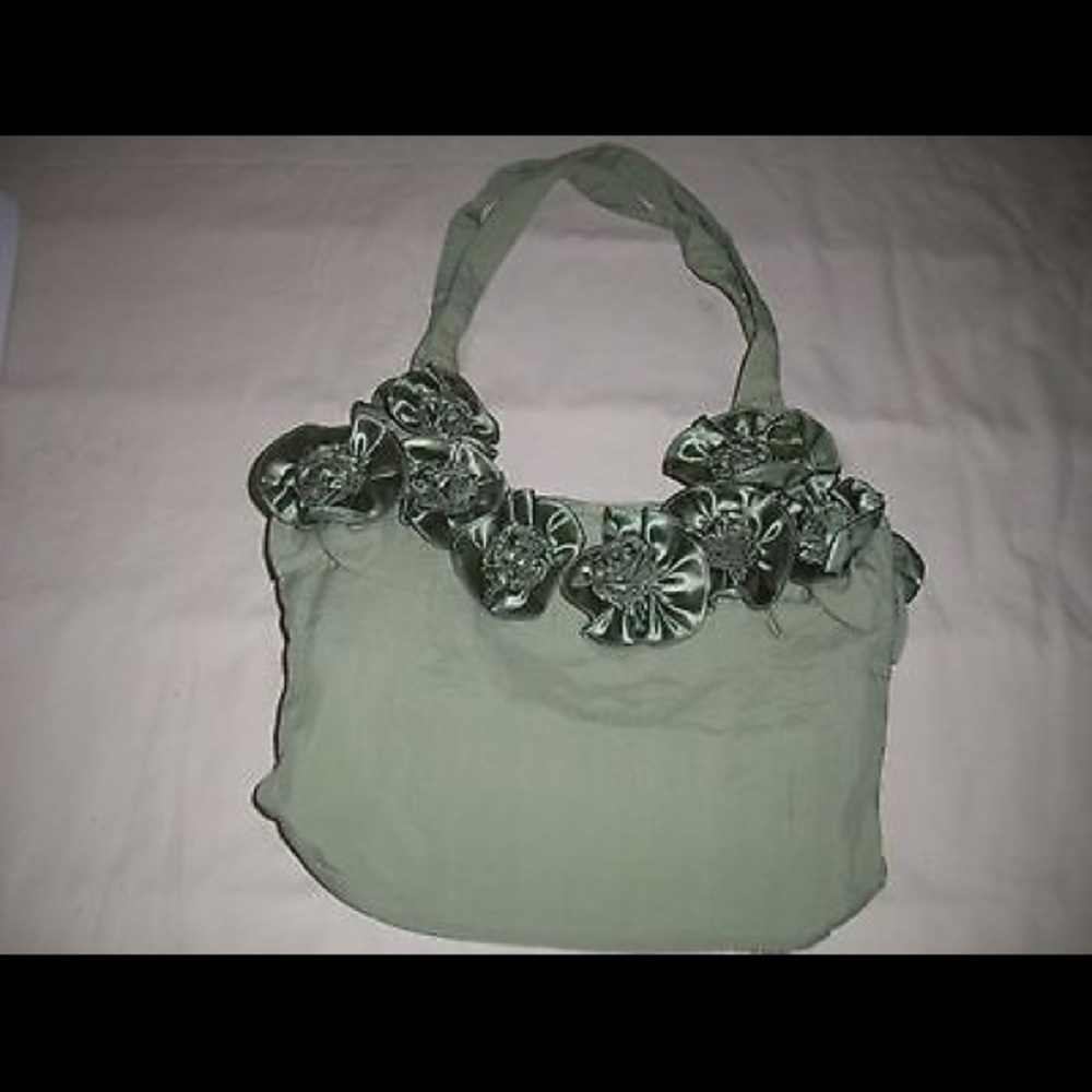 Olive Green Satchel Purse with Flowers