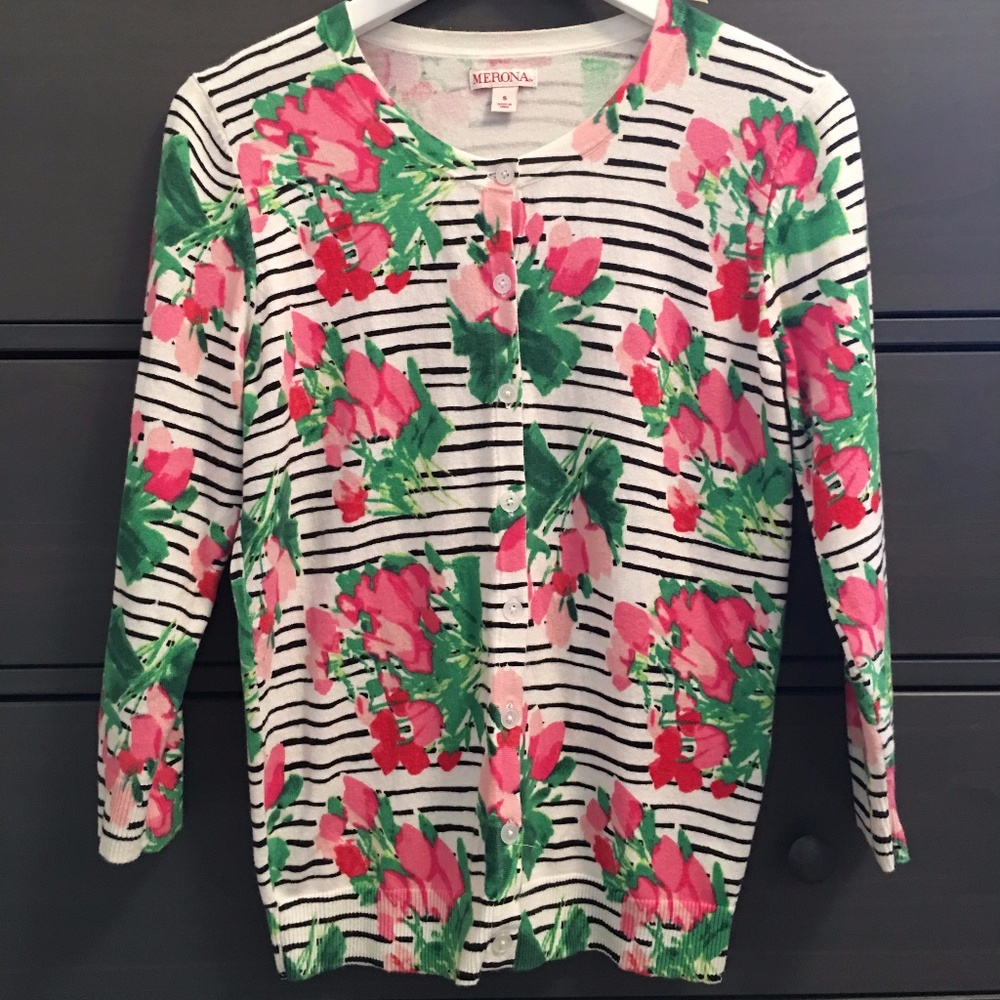 Cardigan, floral, 3/4 sleeve, button-up